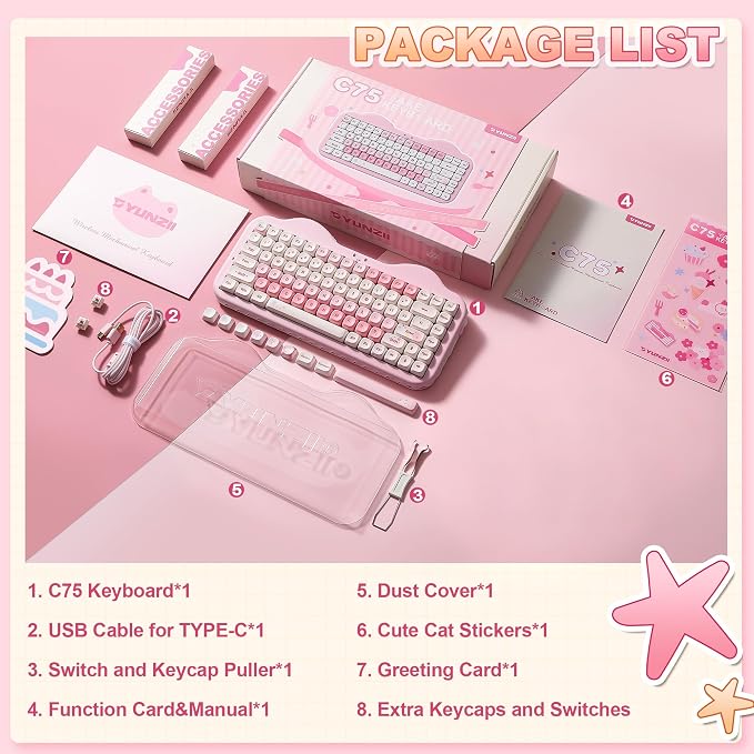 YUNZII C75 Cute 75% Wireless Mechanical Keyboard (Pink, Milk Switch) | Creamy Cake Keyboard, BT5.0/2.4G/USB-C, Hot-Swap, NKRO, PBT MOA Keycaps,5500mAh RGB Gasket Mount for Mac/Win/Gaming/Office