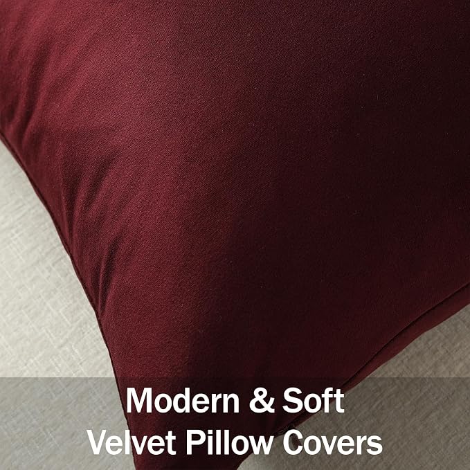 Throw Pillow Covers 16x16 Burgundy: Pack of 2 Cozy Soft Velvet Square Modern Luxury Decorative Throw Pillow Cases for Sofa Couch Living Room Bed Home Decor