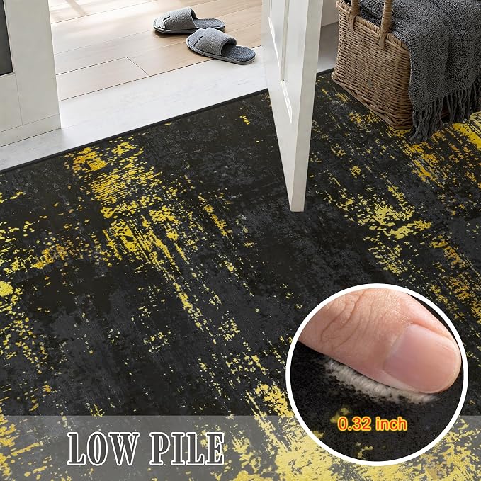 5x8 Area Rug Living Room Rug: Washable Modern Abstract Soft Thin Rug Indoor Floor No Slip Carpet for Bedroom Dining Room Farmhouse Nursery Home Office - Dark Black Gold
