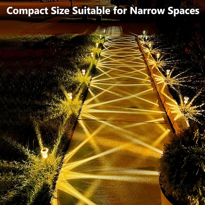 DenicMic 10 Pack Solar Pathway Lights Outdoor Waterproof Warm White LED | Stainless Steel Stake Lights for Garden Patio Backyard Driveway Walkway Lawn Auto On/Off 3000K Diamond-like Acrylic Lens