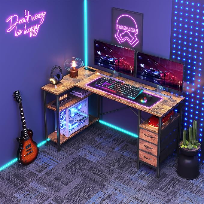 DUMOS L Shaped Desk with Drawers, Gaming Desk, 55 Inch | Power Outlet, Study Table, Adjustable Shelves, Home Office, Corner Computer Workstation, Bedroom, Brown