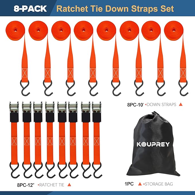 8-Pack Ratchet Straps,Boat Tie Down Straps to Trailer, Motorcycle Straps,Kayak Tie Downs, 1" x 10ft, 900 LBs Break Strength Safety S-Hook Rubber Coated Handle Ratchet Orange