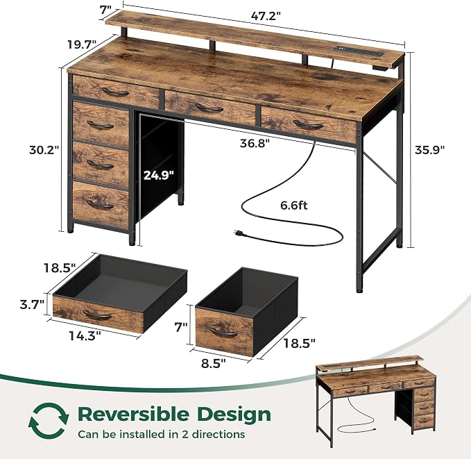 Huuger Gaming Desk with 6 Drawers, Computer Desk with LED Lights Power Outlets and Type-C, 47 Inch Office Desk with Storage, Monitor Stand, Writing Work Desk for Home Office, Rustic Brown