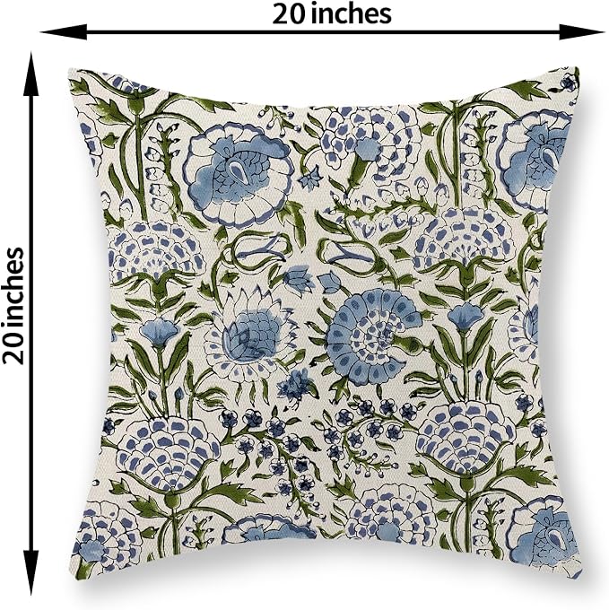 Boho Navy Blue Pillow Covers 20x20 Inch Set of 2 Blue Sage Green Floral Throw Pillows Vintage Flower Outdoor Decorative Pillow Cases Farmhouse Linen Cushion Cover Decor for Couch Sofa Decor