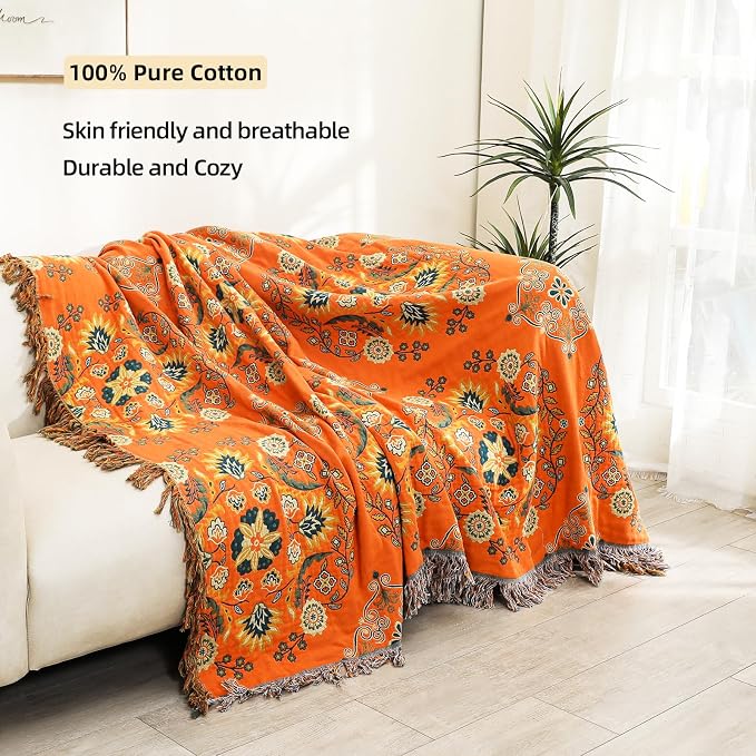 VANJOROY Boho Throw Blanket, 100% Cotton Muslin Breathable Soft Bed Throw - Floral Farmhouse Decor Blanket for Sofa Couch Chair and Gift. 60" x 80"- Orange