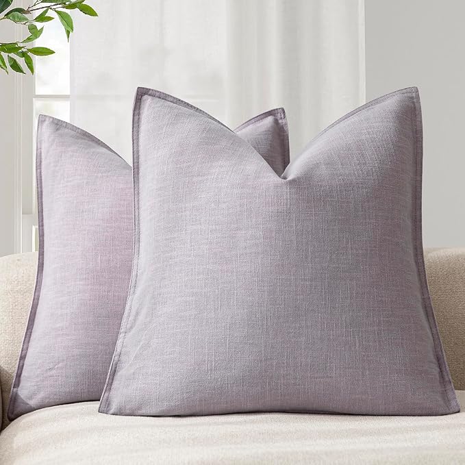 Foindtower Pack of 2, Decorative Linen Solid Throw Pillow Covers Soft Accent Euro Cushion Case Boho Farmhouse Neutral Pillowcase for Couch Sofa Bedroom Living Room Home Decor 22 x 22 Inch Light Purple