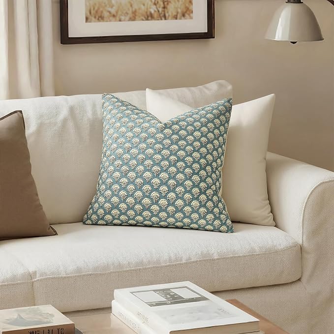 MIULEE Floral Print Decorative Pillow Covers 20x20, Lake | Vintage Boho Farmhouse Modern Home Decor, Set of 2, Block Print Cushion Covers for Couch Sofa Bed Living Room