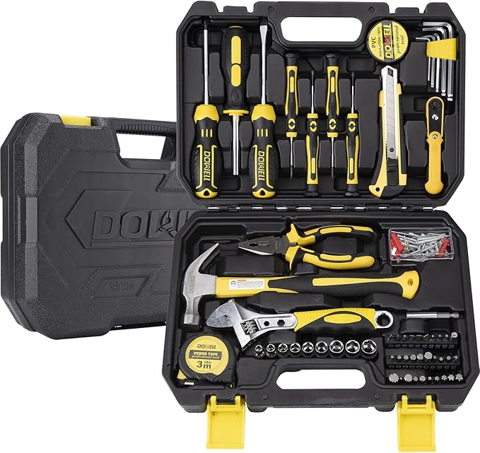DOWELL Tool Set, Auto Repair Household Tool Kit with Socket, Wrench, Screwdriver, Bits Set and Plastic Toolbox Storage Case, HYT128 (128 Pieces)