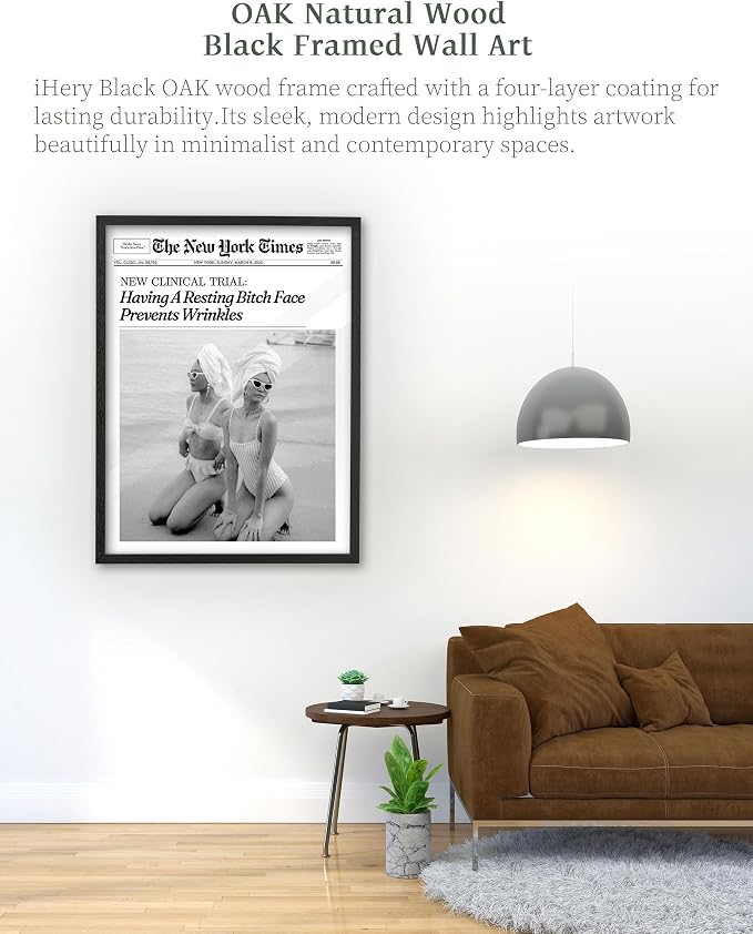 iHery 12x16in Funny Beach Girls Black Framed Newspaper Wall Art | Premium Black Natural OAK Wood Frame with Canvas Print, Retro Magazine Decor for Bathroom Bedroom Dorm, Living Room 1Pack