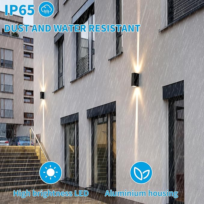 Outdoor Wall Light 2Pack, LED Up and Down Lights, IP65 Aluminum Waterproof Outdoor Wall Lamps, Modern Porch Lantern Spotlights, 3000k 6W Black Exterior Wall Sconces