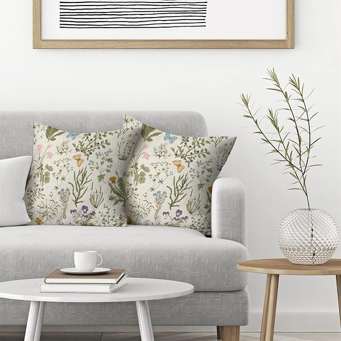 AEIOAE Spring Sage Green Wild Flower Pillow Covers 16x16 Set of 2 | Plant Throw Pillows Case,Seasonal Floral Outdoor Decorative Linen Farmhouse Decor Cushion Covers for Home Sofa Bed Couch