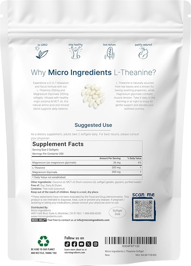Micro Ingredients Oil of Oregano 6,000mg Softgels & L-Theanine 200mg with Magnesium Glycinate Bundle 2 Pack | 4X Strength Carvacrol & Thymoquinone | Amino Acid & Mineral Complex