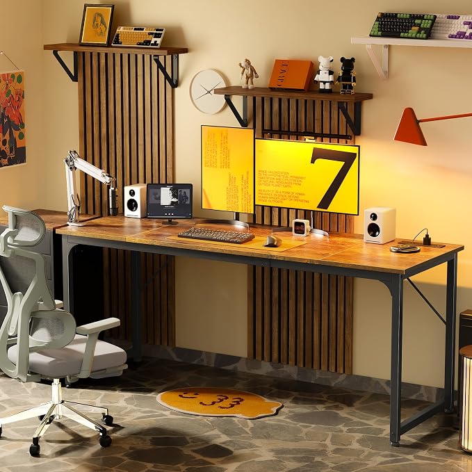 PRAISUN 70 X 24 Inch Computer Desk, Power Outlets, USB-C, Rustic Brown | Office Desk with 4 AC Outlets, USB & USB-C, Sturdy Metal Frame, Spacious Desktop for Work, Writing, Study & Gaming