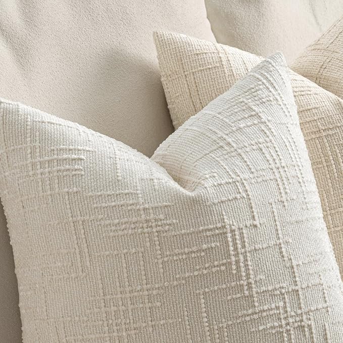 MIULEE Chenille Textured Euro Throw Pillow Covers Cream White 26x26 | Set of 2, Slubby Decorative Pillows, Boho Farmhouse Home Decor, Modern Neutral Cushion Covers for Couch Sofa Bed Living Room