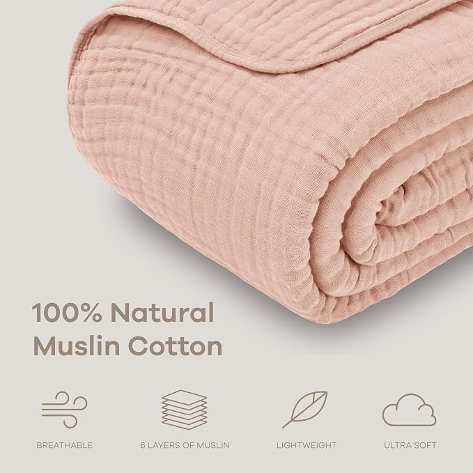 Comfy Cubs Adult Muslin Blanket 108x90” King Swaddle Blankets, Blush | 6 Layer Soft, Breathable & Lightweight Muslin Adult Blanket - Machine Washable & Designed in the US Bedding for All Seasons