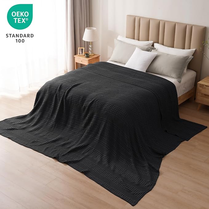 PHF 100% Cotton Waffle Weave Blanket Oversized King for Bed 120"x120"- Giant Big Lightweight Blanket 10'x10' for Bed Sofa - Aesthetic Extra Large Washed Cotton Soft Blanket - Black
