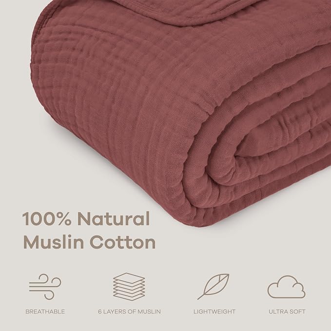 Comfy Cubs Adult Muslin Blanket 90x66” Twin Swaddle Blankets, Wine | 6 Layer Soft, Breathable & Lightweight Muslin Adult Blanket - Machine Washable & Designed in the US Bedding for All Seasons