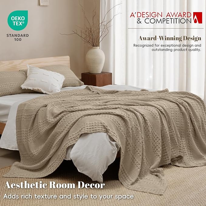 PHF 100% Cotton Waffle Blanket Twin Size, Lightweight Breathable Summer Blanket for Hot Sleepers, Pre-Washed Soft Layer for Bed, Dorm, Couch & Guest Room, Home Decor Gift, 66"x90", Taupe