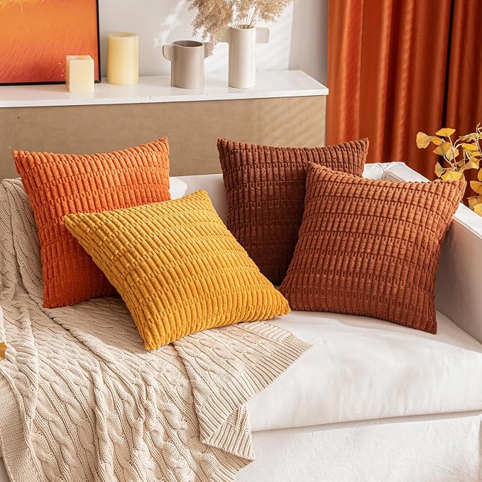 MIULEE Fall Pack of 2 Rust Corduroy Decorative Pillow Covers 12x12 Inch Soft Boho Striped Throw Pillow Covers Modern Farmhouse Home Decor for Sofa Living Room Couch Bed