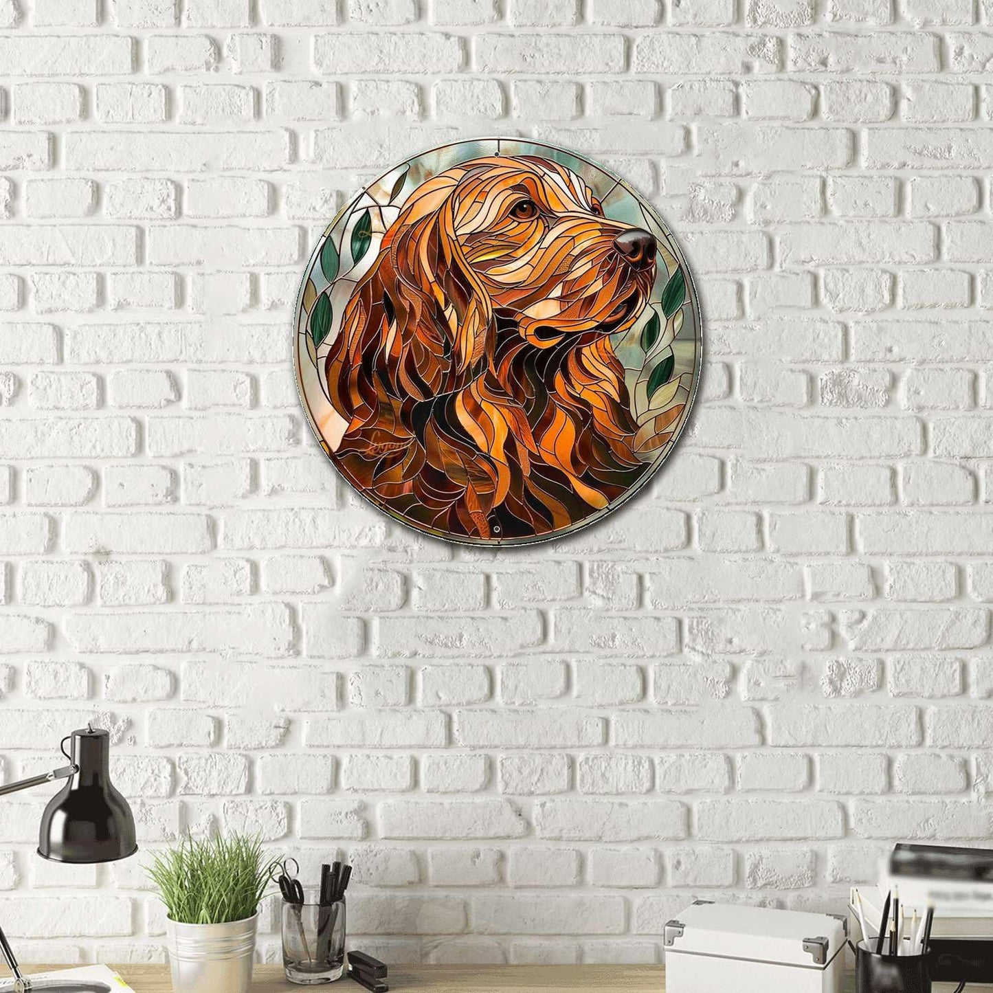 Lygond Metal Sign Tin Sign Circular Stained Glass Dog Funny Gardening Gift for Patio 12×12 Inches