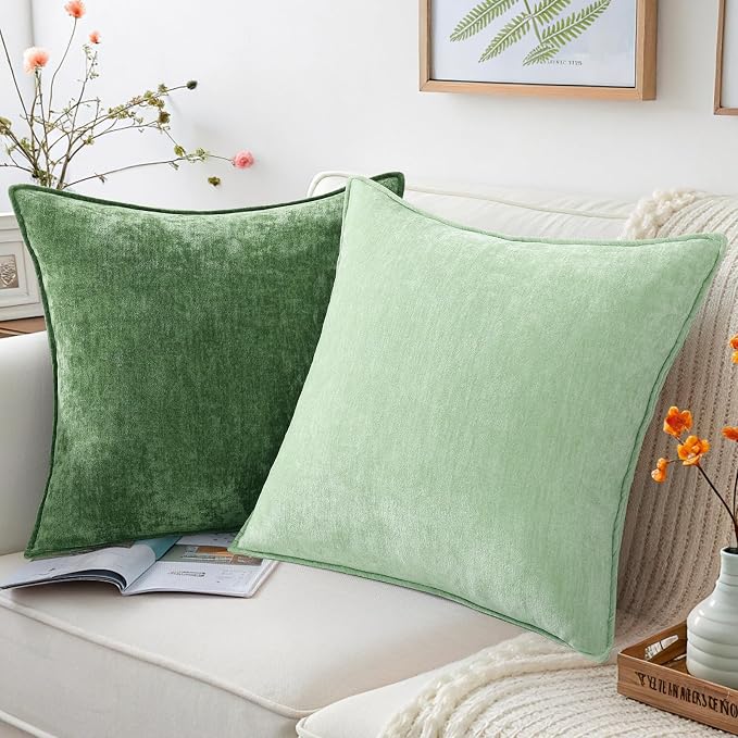 decorUhome Chenille Sage Green Velvet Throw Pillow Covers 18x18 Set of 2 | Fall Soft Couch Decorative Modern Farmhouse Pillow Cases with Elegant Design for Sofa Bed Living Room Home Decor