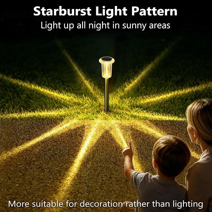 DenicMic 10 Pack Solar Pathway Lights Outdoor Waterproof Warm White LED | Stainless Steel Stake Lights for Garden Patio Backyard Driveway Walkway Lawn Auto On/Off 3000K Diamond-like Acrylic Lens
