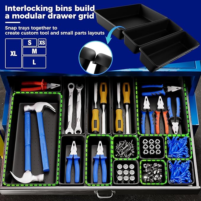 70 PCS Tool Box Organizer Tray & Desk Drawer Organizer Set, 5 Size Interlocking Bins for Garage Tool Storage, Mechanic Tool Chest, Rolling Cart, Workbench Drawers with EVA Non Slip Pads