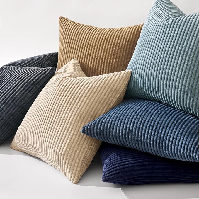 MIULEE Decorative Corduroy Throw Pillow Covers Set of 2 18x18 Navy Blue | Soft Striped Textured Cushion Cases, Boho Coastal Square Pillowcases for Home Decor, for Couch Chair Sofa Bed Living Room