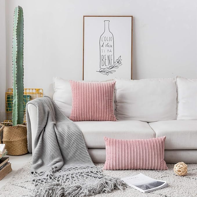 UGASA Velvet Pillow Covers Soft Striped Decorative Throw Cushion Case with Hidden Zipper for Valentine's Day Couch/Bedroom/Sofa, Cozy Solid Oblong Lumbar Pillowcase 1 Piece 12"x20", Baby Pink