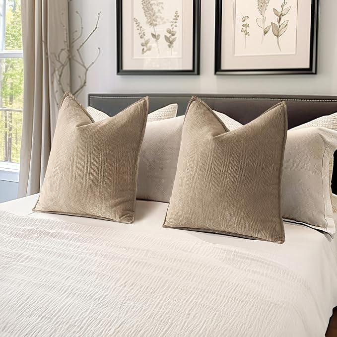 MIULEE Pack of 2 Khaki Euro Shams Chenille Pillow Covers 22x22 Inch | Decorative Soft Couch Throw Pillows,Farmhouse Cushion Covers,Elegant Design for Sofa,Bed,Living Room,Summer Decor