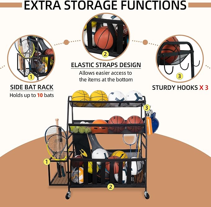 STORAGE MANIAC Ball Storage Bin Rolling Sports Ball Cart, Metal Garage Organizer Sport Rack Basketball Storage Cage for Garage or Gym, Indoor & Outdoor Sports Equipment Organizer
