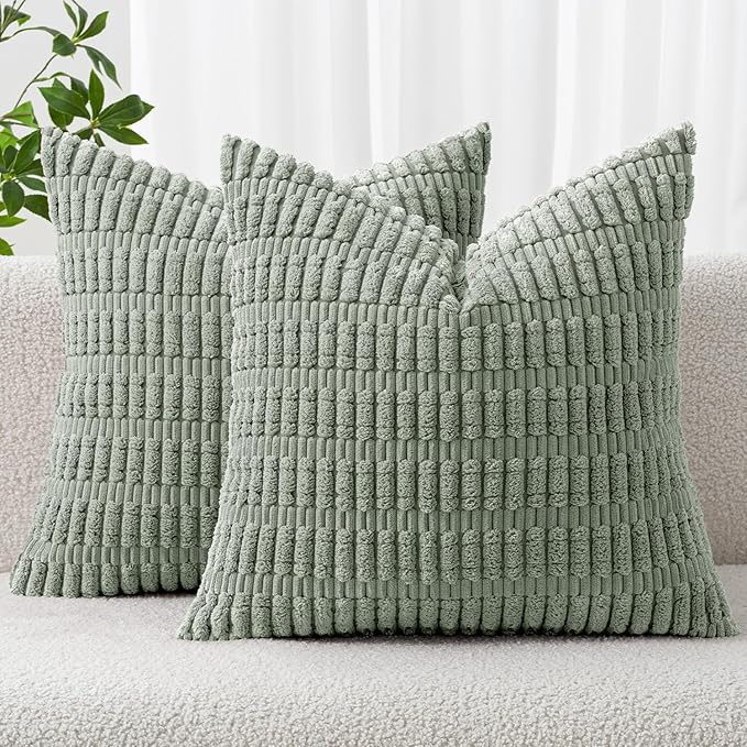 MIULEE Pack of 2 Spring Corduroy Decorative Throw Pillow Covers 18x18 Inch Soft Boho Striped Pillow Covers Modern Farmhouse Home Decor for Summer Sofa Living Room Couch Bed Greyish Green