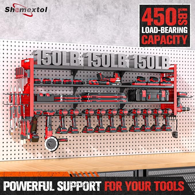 49.8" W Large Power Tool Organizer Wall Mount, Heavy Duty Tool Organizer with 14 cordless Drill Holder, 4 Layers Garage Organization and Storage Rack, Tool Rack for Garage Workshop, Red