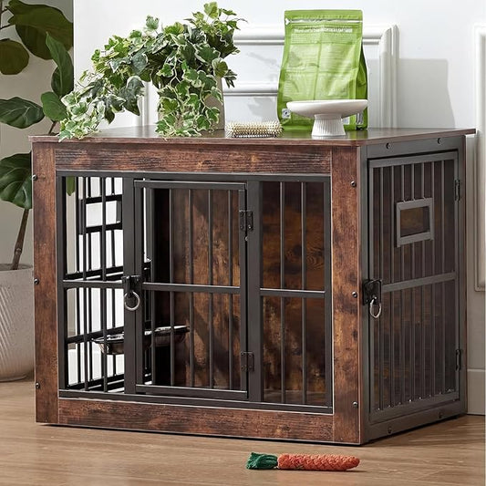 32 Inch Heavy Duty Dog Crate Furniture for Medium/Small Dogs, Decorative Pet House End Table with 3 Doors & Adjustable Bowls, Wooden Cage Kennel Furniture Indoor, Rustic Brown
