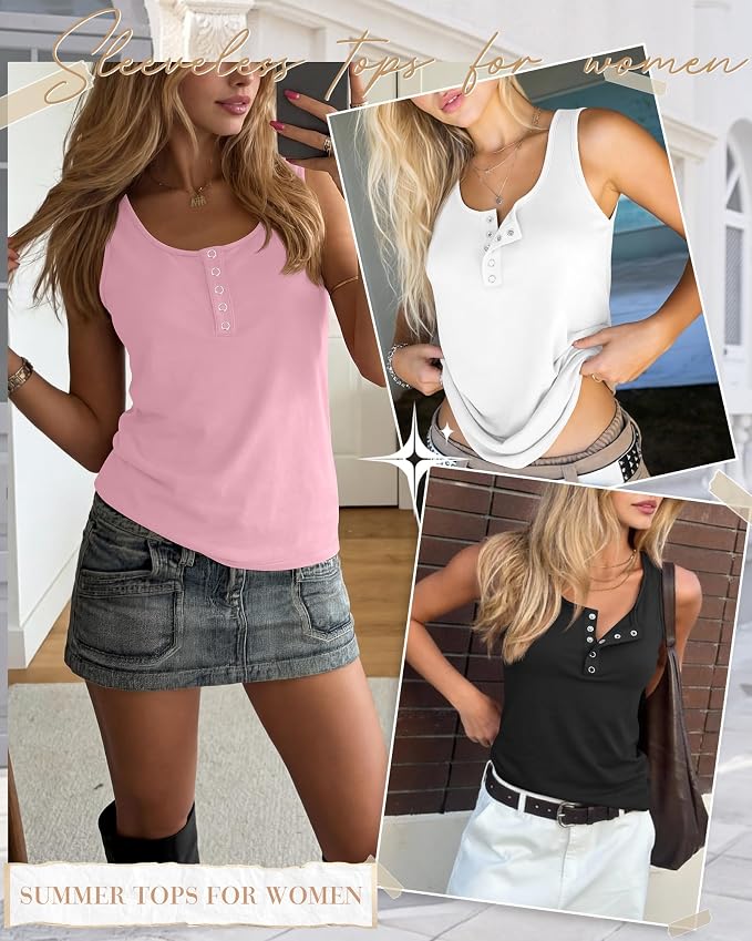 Ficerd 3 Pack Women's Henley Tank Tops Sleeveless Button Down Summer Shirts 2026 Casual Trendy Loose U Neck Tee Blouses