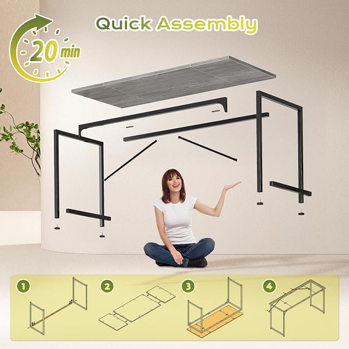 PRAISUN 55 Inch Computer Desk, Home Office Desk with Spacious Desktop, Grey | Modern Gaming Desk for Bedroom, Study, Work, Gaming & Writing, Large Legroom, Sturdy Metal Frame