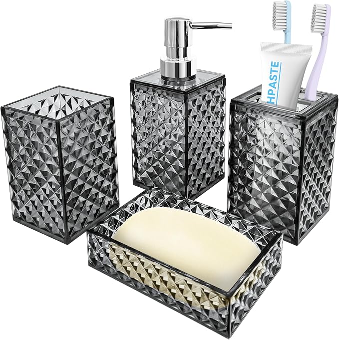 Bathroom Accessory Set, 4 PCS Grey Bathroom Accessories Set, Soap Dispenser and Toothbrush Holder Set, Soap Dish and Mouthwash Cup, Boho Bathroom Decor, Bathroom Sets Accessories