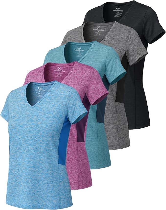 5 Pack Women's Dry Fit V Neck Workout Tops T Shirts Athletic Gym Yoga Tees | Available In Plus Size, Cooling Moisture-Wicking, Short Sleeve, Quick-Dry, Fitness, Stretch, Exercise, Running, Hiking