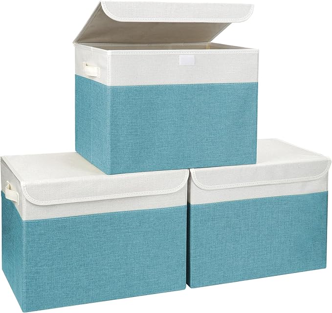 Large 17" 42 Quarts Collapsible Stackable Storage Bins with Lids [3-Pack] Foldable Fabric Linen Storage Boxes Cube, Closet Organizer Baskets with Label for Home (16.7 x 12 x 12", Teal & White)