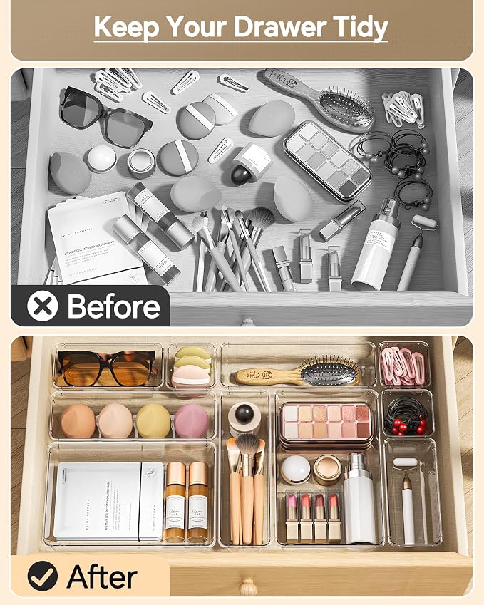 KEMETHY 25 PCS Plastic Drawer Organizers Set, 4 Sizes Vanity Organizer | Makeup and Desk Drawer Organizer Trays, Organization and Storage for Makeup, Bathroom, Kitchen Utensils and Office (Clear)
