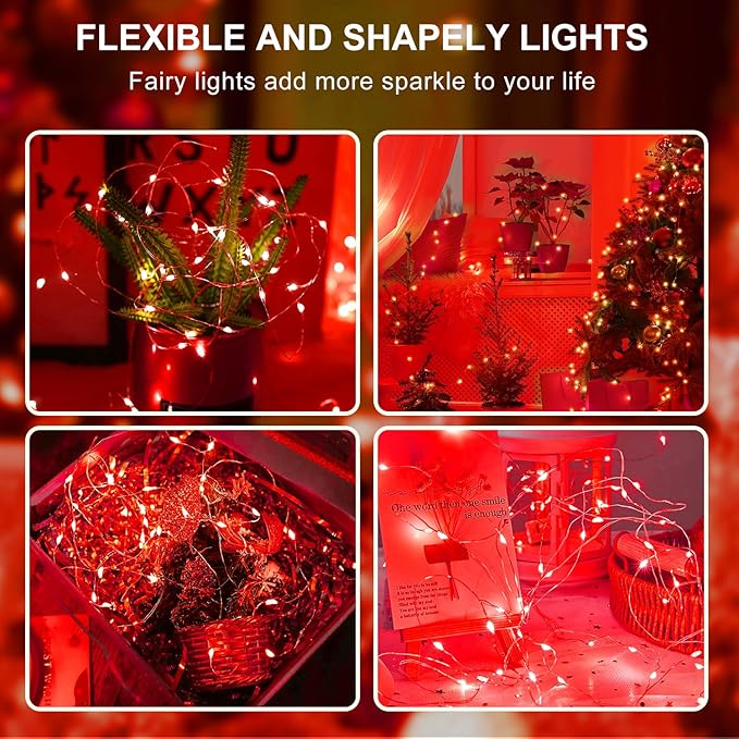 Aogist 24 Pack Fairy Lights 3 Modes 7ft 20 LED Waterproof,Battery Operated Silver Wire Firefly Starry Moon Mini String Lights for Mason Jars Christmas DIY Crafts Wedding Party Bedroom,Red