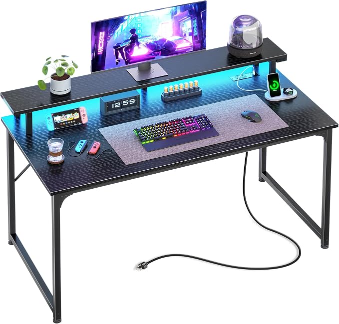 PRAISUN 40 inch Gaming Desk, LED & Power Outlets, Monitor Stand, Black | Sturdy PC Desk for Home Office, Study & Work, LED Lights, 4 AC Outlets & USB-C Charging Station