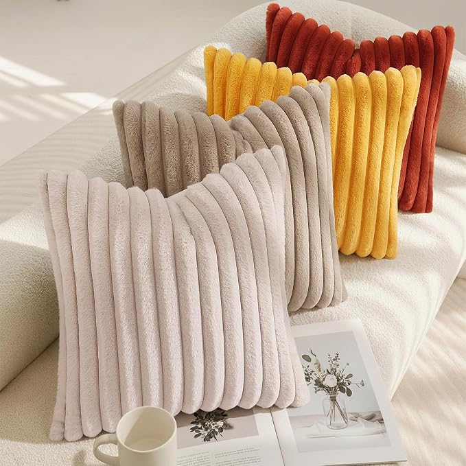decorUhome Fall Faux Fur Throw Pillow Covers 18x18 Set of 2 Beige | Decorative Soft Cozy Striped Plush Modern Farmhouse Boho Couch Pillow Cases Velvet Back for Sofa Bed Living Room Home Decor