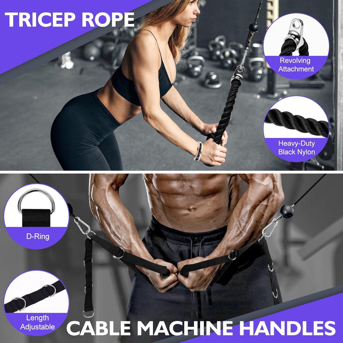 Skiennix Cable Machine Attachments Set - LAT Pulldown Bar & Tricep Rope | Durable Home Gym Accessories