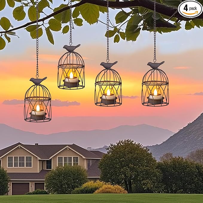 Solar Lanterns Outdoor Waterproof, Rust Iron Cage Candle Holder with Flickering Solar Powered Tea Lights, Hanging Solar Lights for Outside Tree Backyard Patio Garden Fence Decoration-4Pack