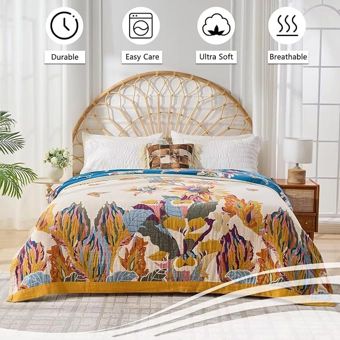 Boho Throw Blanket Farmhouse Decor Throw Blanket Bohemian Blanket for Bed 100% Cotton Muslin Woven Couch Blanket All Seasons Quilt Bedroom (D-Yellow, 50"x60")