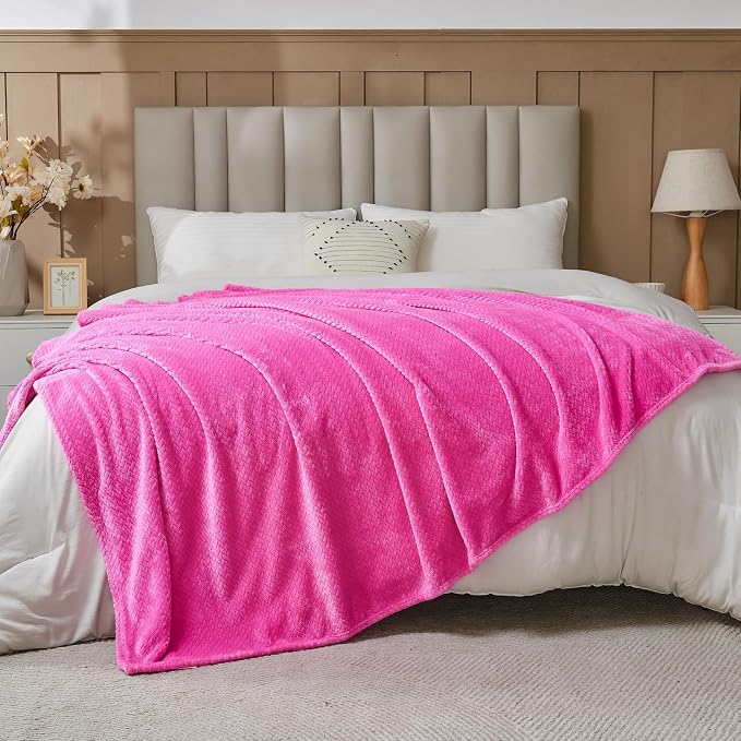 NEWCOSPLAY Fleece Leaves Pattern King Blanket, Hot Pink, 90"x110" | Super Soft Throw Blanket, Lightweight Cozy Bed Sofa Blanket, Premium Silky Flannel Fleece, Travel Blanket for All Season Use