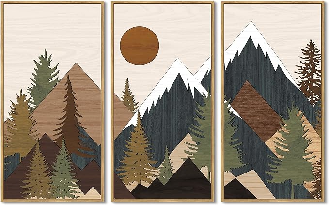 KUVIOKE Wooden Mountains Range Landscape Wall Art Framed Tree Nature Wall Decor Farmhouse Rustic Prints Kitchen Living Room Ready to Hang 8x16in3pcs Natural Framed