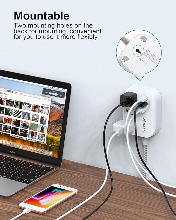Mifaso USB Power Strip, Flat Plug Power Strip Extension Cord with 3 Outlets 3 USB Ports(Smart 3.1A), 3ft Braided Power Cord, ETL Listed Compact for Cruise Ship, Travel, Home, Office