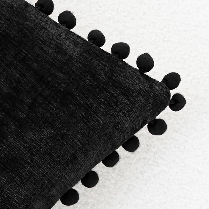 CaliTime Decorative Couch Throw Pillow Covers 20 X 12 Inches Black | Pack of 2, Cozy Chenille Cushion Cases, with Pom Poms for Sofa Bed Living Room Farmhouse Home